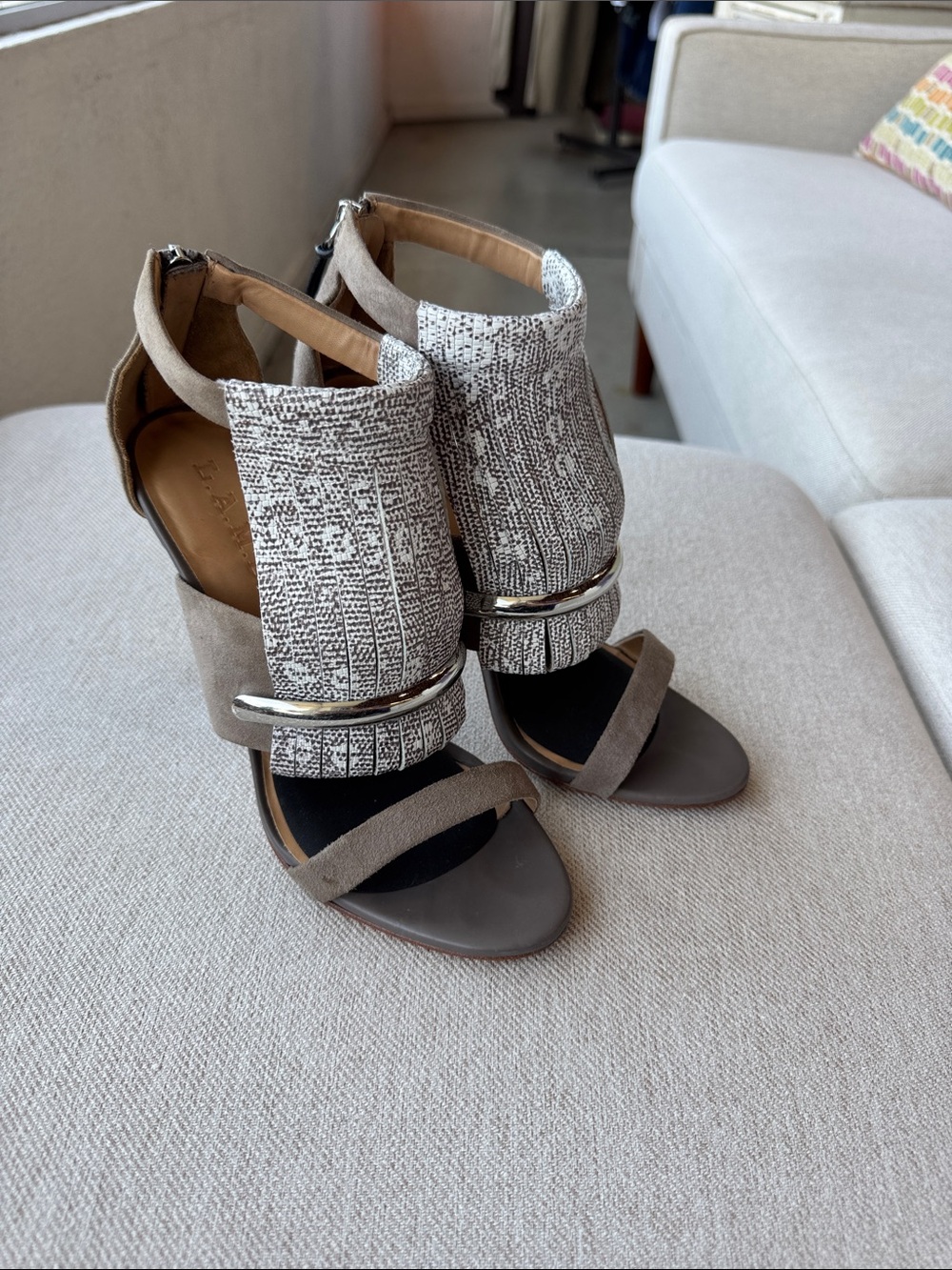 LAMB Taupe and White Textured Open-Toe Women's Heels